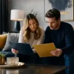 Canadian couple comparing second mortgage and refinance documents in their living room