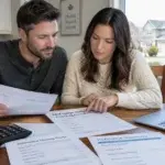 Canadian couple reviewing refinance closing cost documents with a calculator at their kitchen table